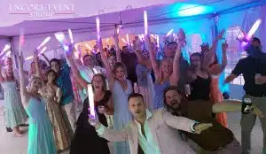 New Albany wedding DJ energizing the crowd under a tent New Albany wedding DJ energizing the crowd under a tent