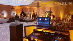 DJ equipment setup in ballroom at wedding DJ equipment setup in ballroom at wedding