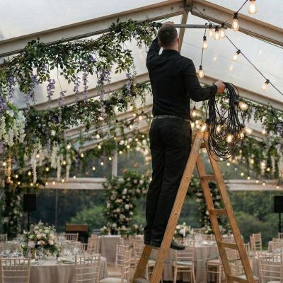 LED and Edison string lights in Southern Indiana wedding backyard LED and Edison string lights in Southern Indiana wedding backyard