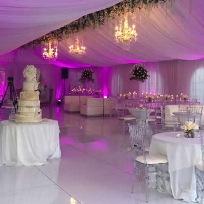 Elegant white wedding dance floor in Southern Indiana tent