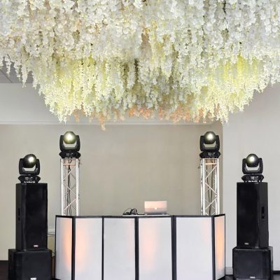 Intelligent moving head lights with floral ceiling at Kentuckiana wedding