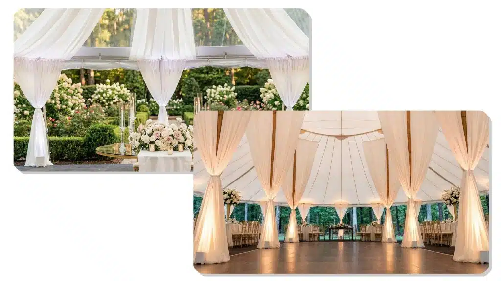 White tent pole draping with soft fabric wraps for outdoor weddings White tent pole draping with soft fabric wraps for outdoor weddings