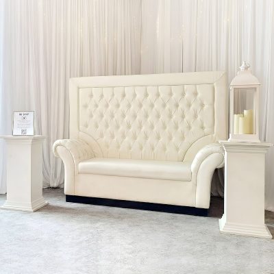 High-back loveseat rental in Kentuckiana wedding setup High-back loveseat rental in Kentuckiana wedding setup