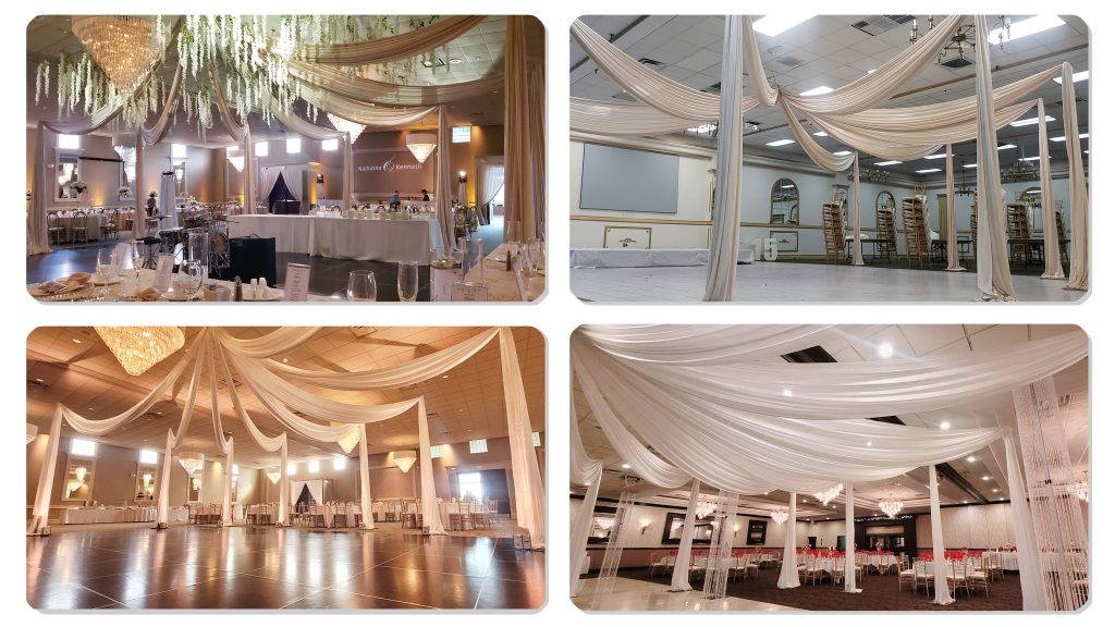 Wedding ceiling column draping with floral accents in Clarksville Wedding ceiling column draping with floral accents in Clarksville