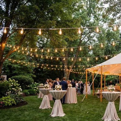 Edison-style bistro string lights in trees at Jeffersonville wedding venue Edison-style bistro string lights in trees at Jeffersonville wedding venue