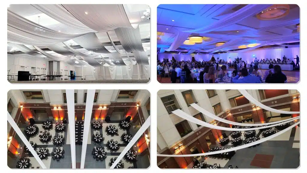 Long ceiling drapes covering large ballrooms and tented event spaces Long ceiling drapes covering large ballrooms and tented event spaces
