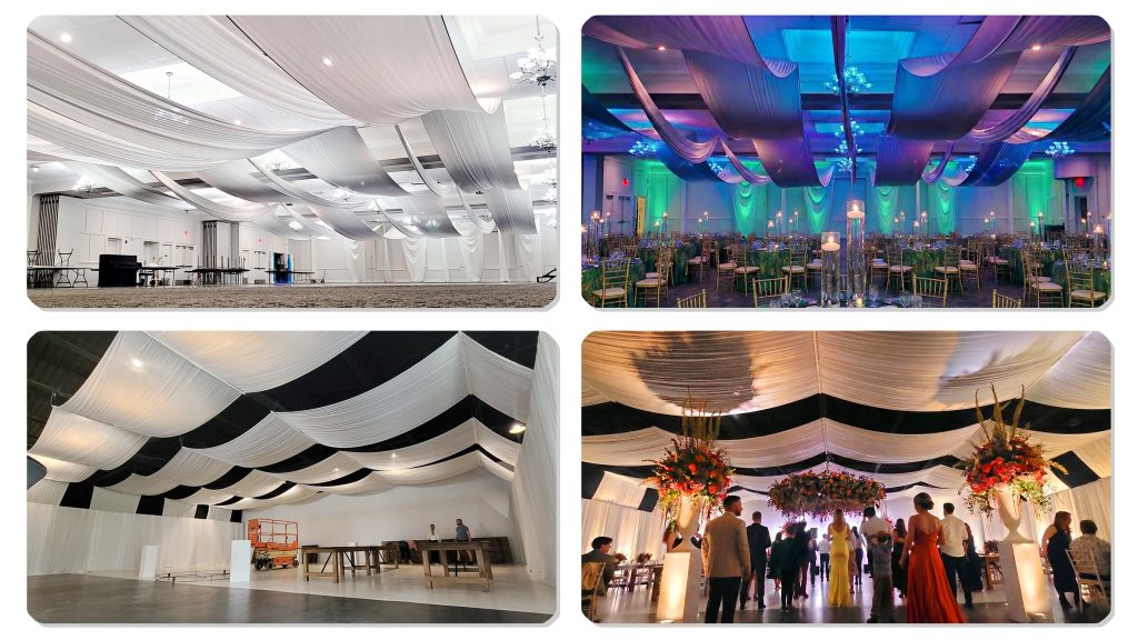 Wire-supported linear ceiling drapes in Southern Indiana venue Wire-supported linear ceiling drapes in Southern Indiana venue
