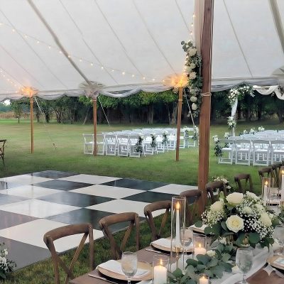 Checkered dance floor in Louisville tent wedding setup