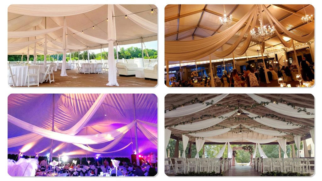 Kentuckiana pavilion ceiling draping with floral accents Kentuckiana pavilion ceiling draping with floral accents