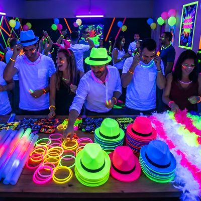 Neon decor glowing under UV lighting at a Louisville company party Neon decor glowing under UV lighting at a Louisville company party