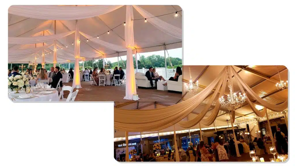 Soft fabric draping lowers tent ceilings and adds elegance to events. Soft fabric draping lowers tent ceilings and adds elegance to events.