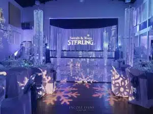 winter wedding with monogram on draping winter wedding with monogram on draping