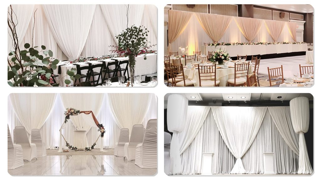 Double layered wedding backdrop draping in a ballroom