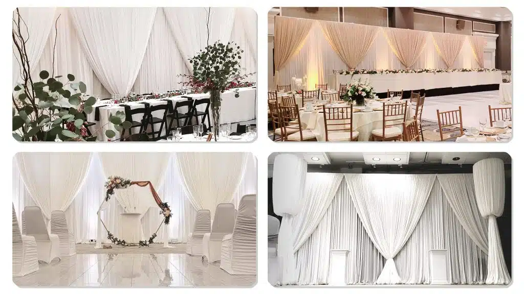 Double layered wedding backdrop draping for head tables and stages Double layered wedding backdrop draping for head tables and stages