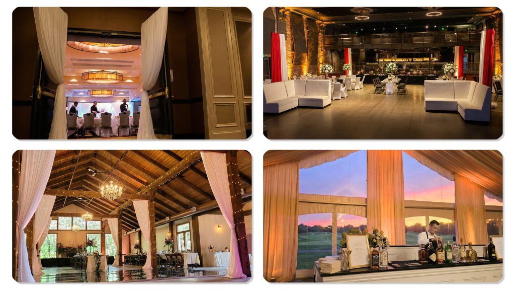 Free-standing drape partitions for wedding or event spaces