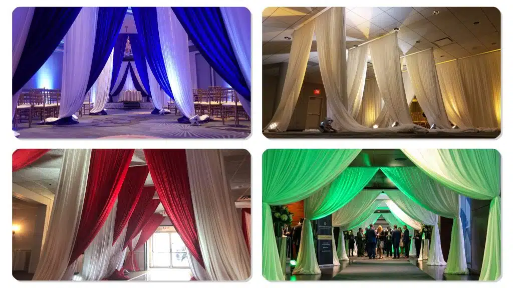 Infinity entrance draping with layered fabric for dramatic wedding walkways Infinity entrance draping with layered fabric for dramatic wedding walkways