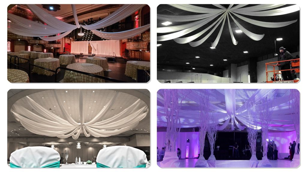 Starburst ceiling draping with fabric radiating from center point Starburst ceiling draping with fabric radiating from center point