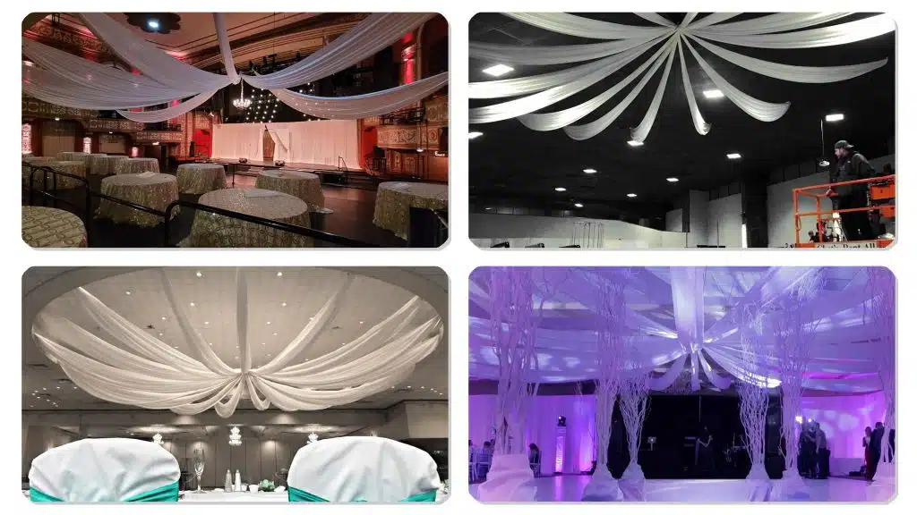 Starburst ceiling draping with fabric radiating from center point Starburst ceiling draping with fabric radiating from center point