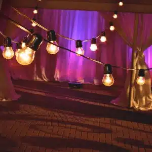Bistro style wedding string lights with warm Edison bulbs Bistro style wedding string lights with warm Edison bulbs