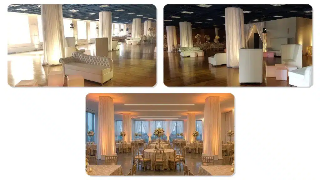 Wedding venue pillars hidden with glowing round and square draping Wedding venue pillars hidden with glowing round and square draping