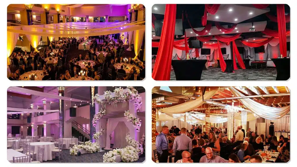 Linear ceiling draping with clean symmetrical fabric design Linear ceiling draping with clean symmetrical fabric design