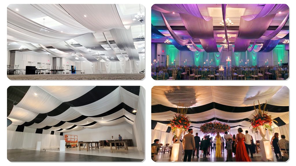 Linear ceiling draping with wire creating even coverage for event spaces Linear ceiling draping with wire creating even coverage for event spaces