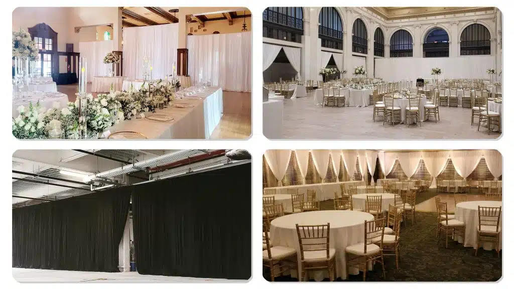 Elegant wall draping creating wedding backdrops and room dividers Elegant wall draping creating wedding backdrops and room dividers
