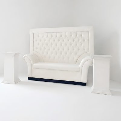 High back white loveseat with pedestals for wedding stage seating