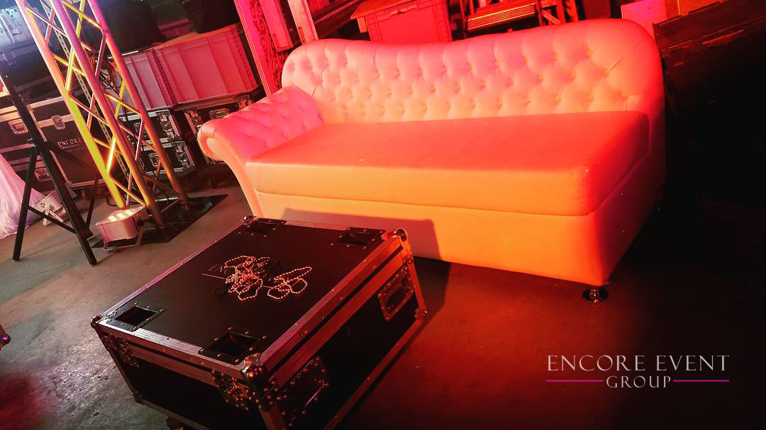 White Lounge Furniture Rentals Michigan Wedding DJ, Uplighting, Pipe