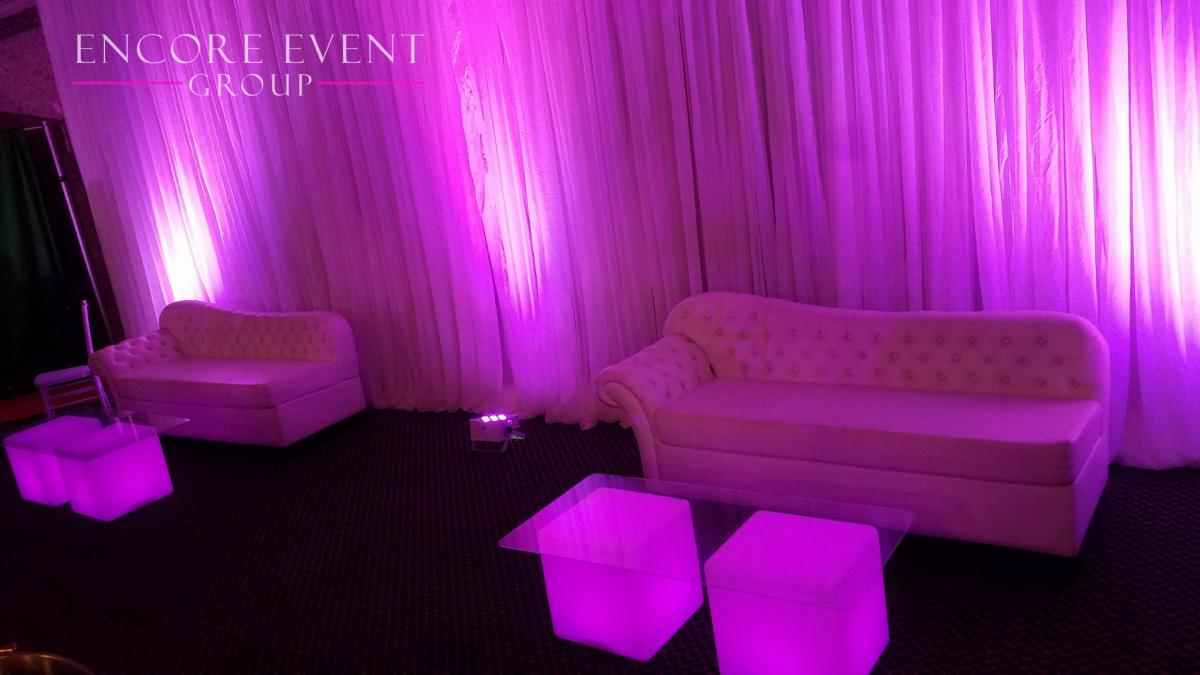 White Lounge Furniture Rentals Michigan Wedding DJ, Uplighting, Pipe & Drape Rental, Photo