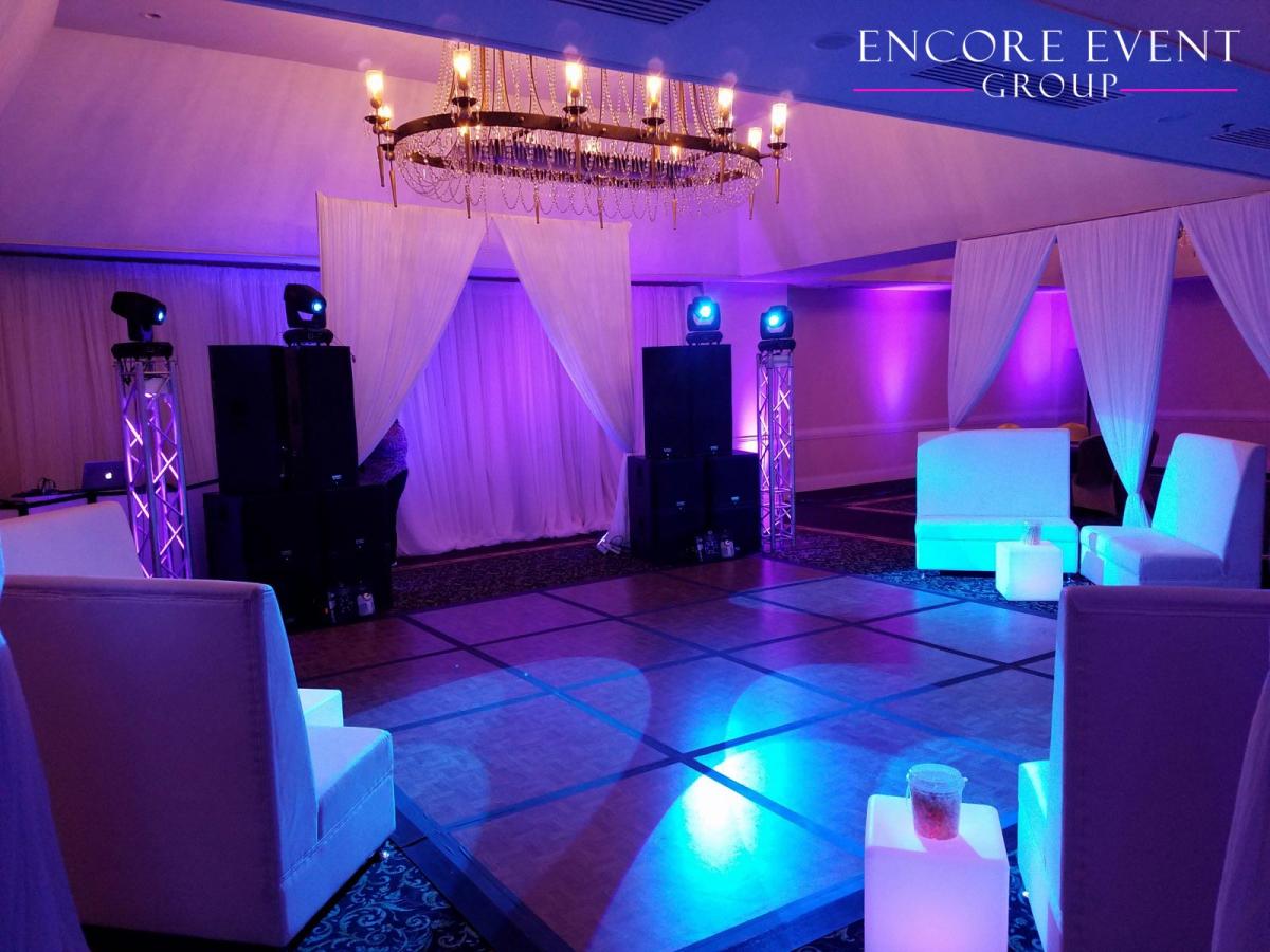 White Lounge Furniture Rentals Michigan Wedding DJ, Uplighting, Pipe
